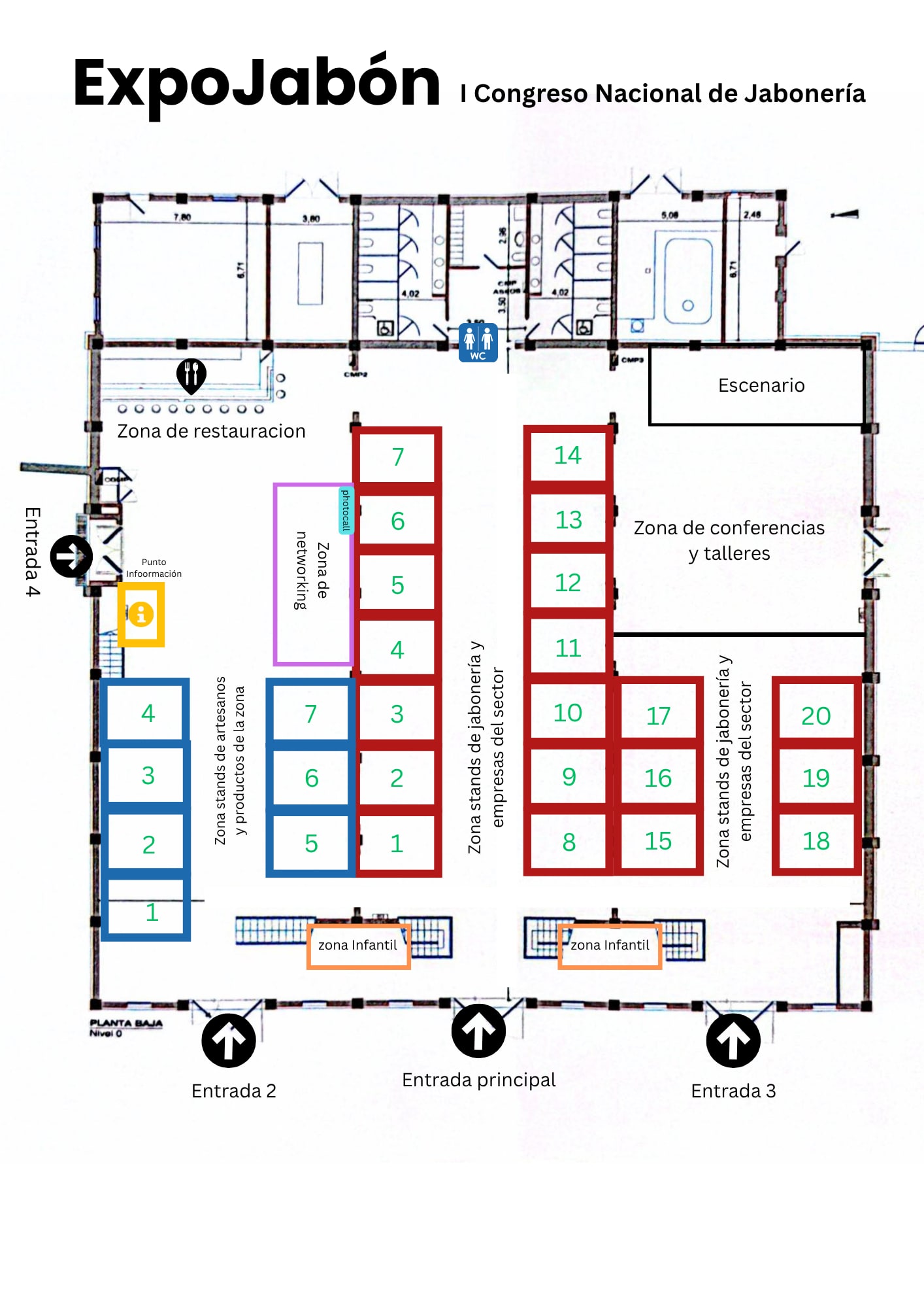 Plano general de Expo Jabón 2026 con la distribución de stands, zona de conferencias, talleres, restauración y networking